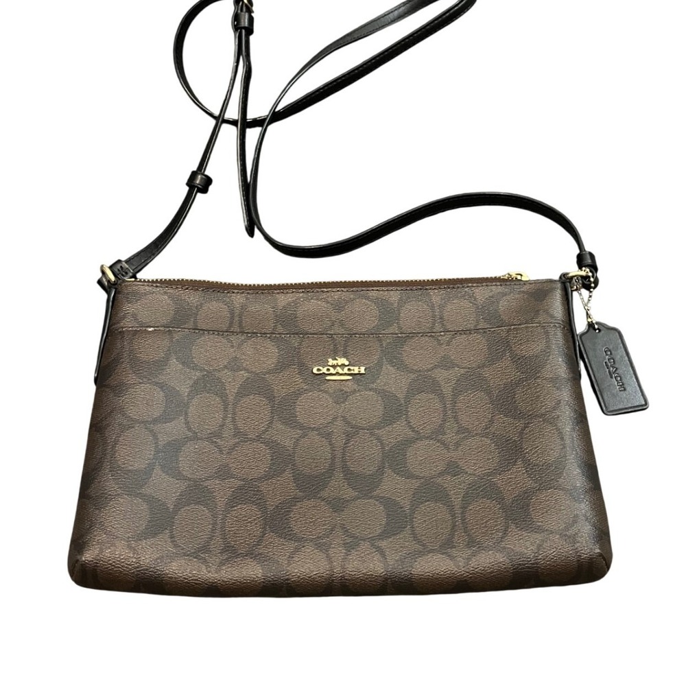 Coach Signature East West Pop Crossbody Bag Brown Signature Canvas Zip Top